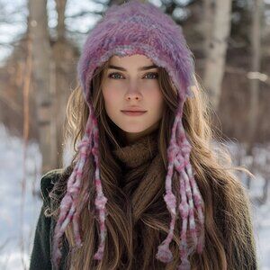Soft Mohair-Style Ear Flap Beanie w/ Long Braided Tassels Boho Cozy Vibes Purple
